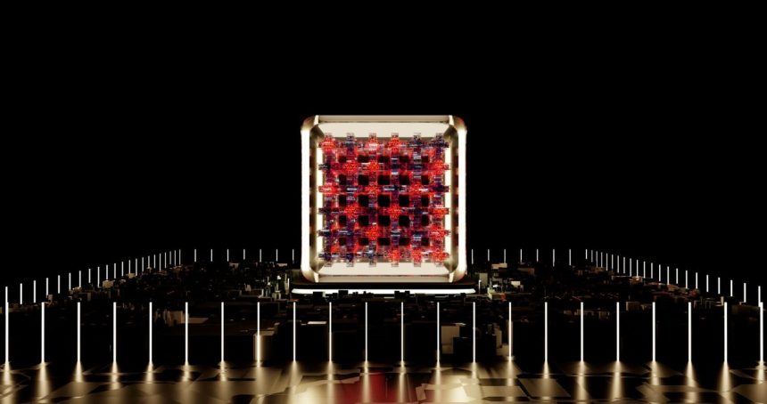 Representação abstrata de um processador digital futurista com elementos luminosos