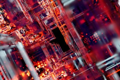 Circuitos digitais futuristas com pontos luminosos, representando infraestrutura tecnológica para inteligência artificial