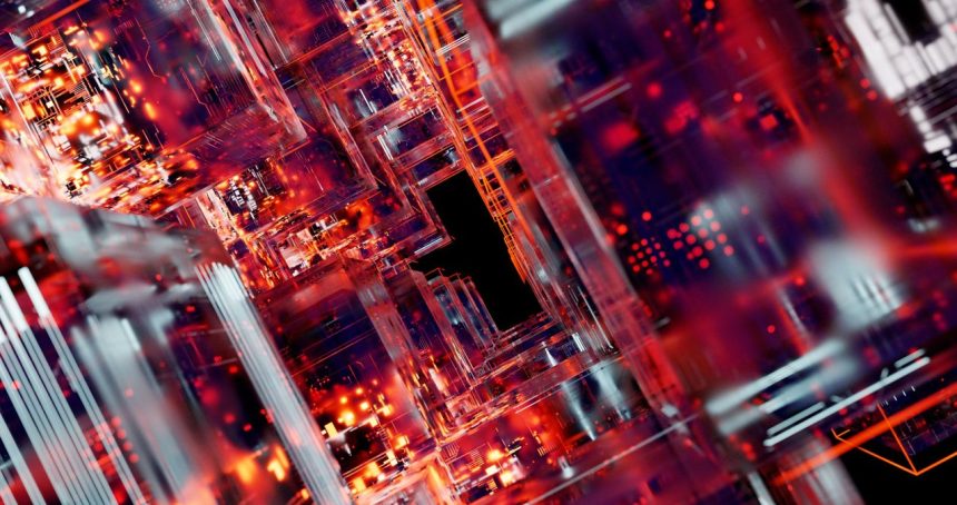 Circuitos digitais futuristas com pontos luminosos, representando infraestrutura tecnológica para inteligência artificial