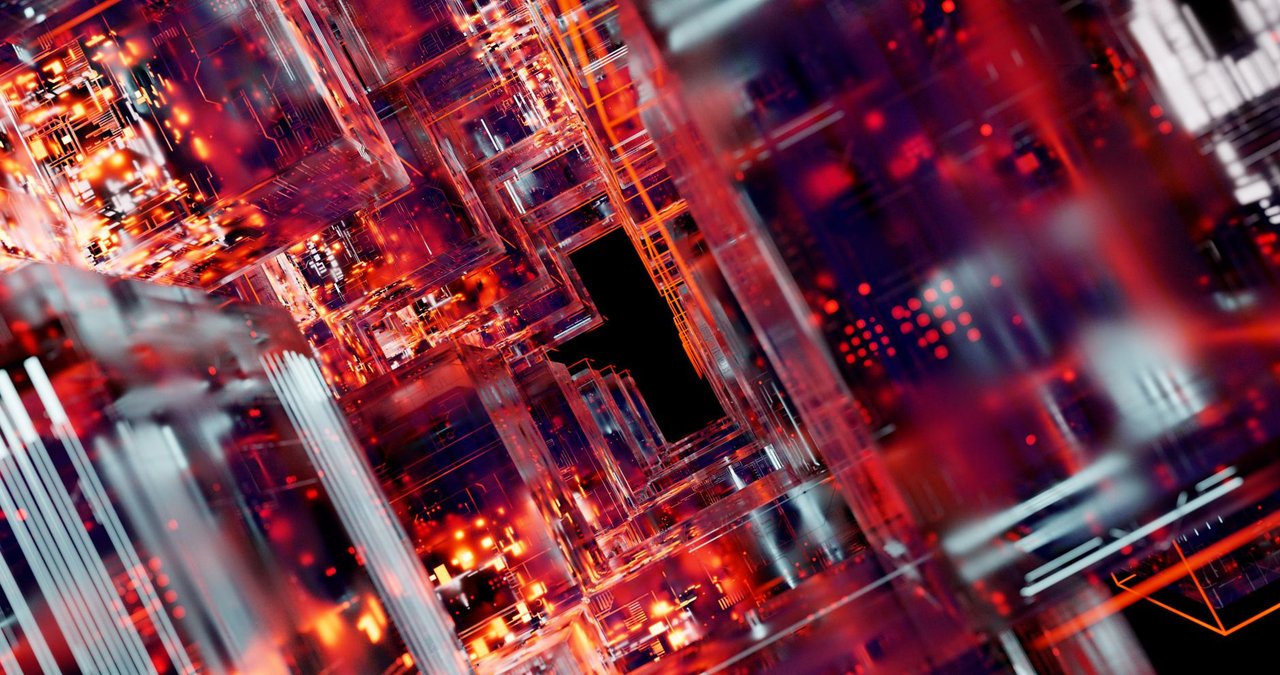 Circuitos digitais futuristas com pontos luminosos, representando infraestrutura tecnológica para inteligência artificial