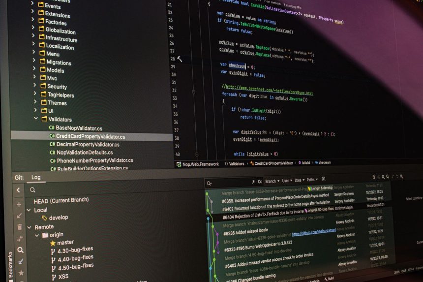 Tela de computador com código-fonte e ferramentas de controle de versão em um ambiente de desenvolvimento.